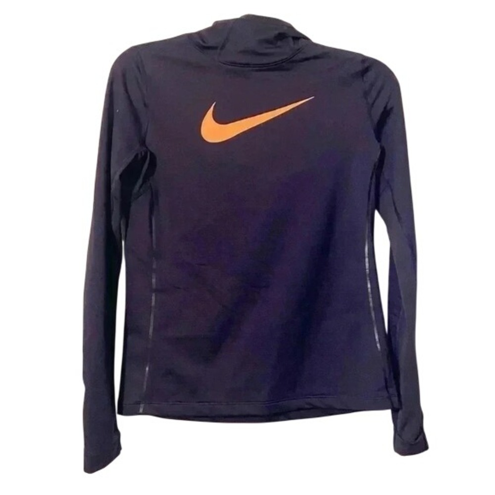 Nike Pro Hyperwarm Kids XL Long Sleeve Hooded Training Top Navy Blue Orange Logo
